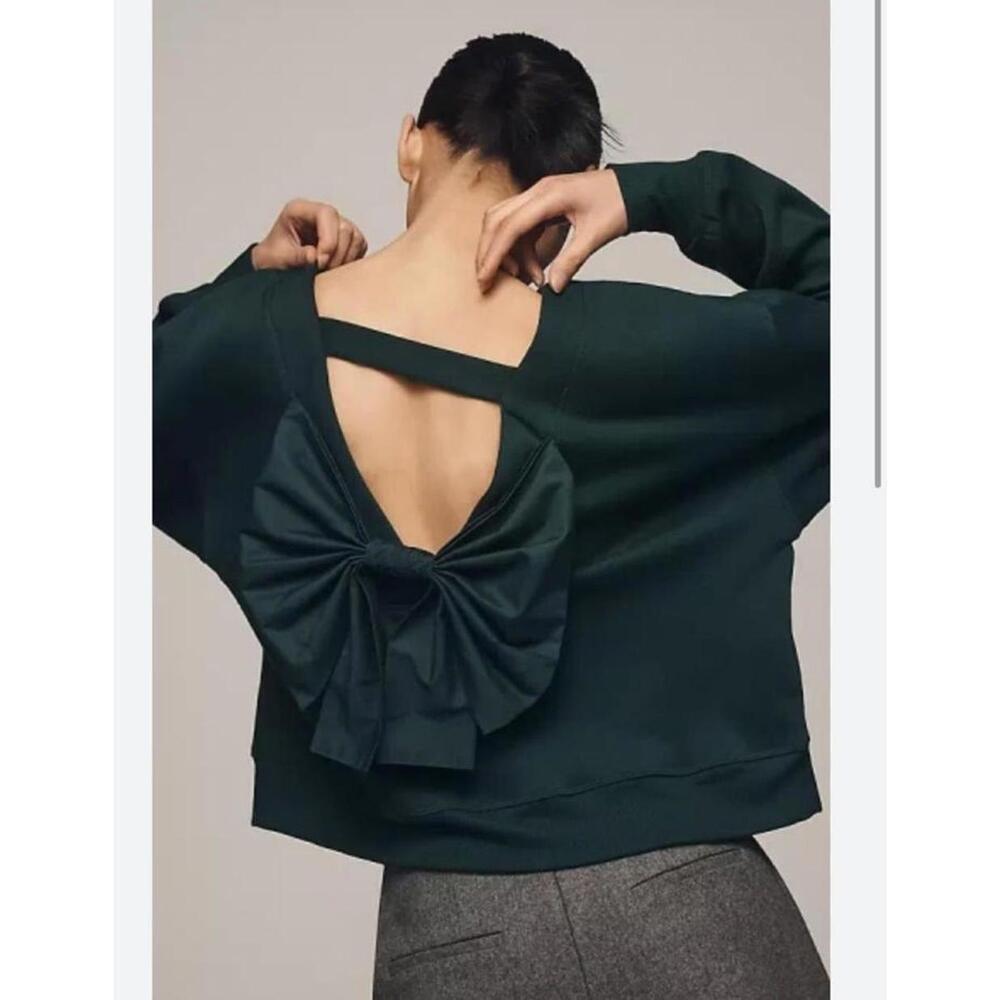 NWOT Maeve Dark Green Long Sleeve Bow Back Sweatshirt Size M lightweight spring